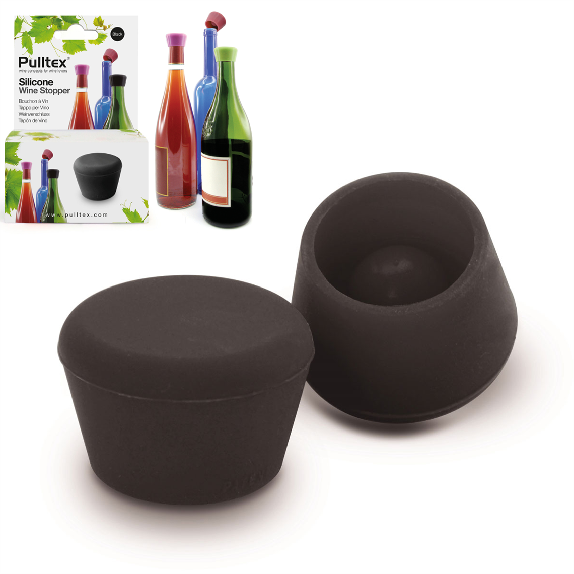 Pulltex Silicone Wine Bottle Stopper - Black - Set of 2