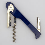 A Soft Touch 003 Single Lever Waiter's Friend Corkscrew by Soft Touch in blue metal, featuring a bottle opener and an extended small serrated knife, photographed on a plain white background.