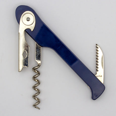 A Soft Touch 003 Single Lever Waiter's Friend Corkscrew by Soft Touch in blue metal, featuring a bottle opener and an extended small serrated knife, photographed on a plain white background.