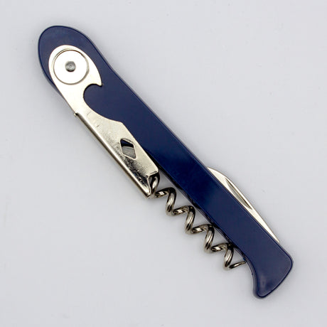 A Soft Touch 003 Single Lever Waiter's Friend Corkscrew by Soft Touch, featuring a blue and silver finish with an integrated bottle opener and small knife, displayed against a plain white background.