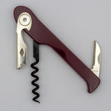 A Soft Touch 003 Single Lever Waiter's Friend Corkscrew by Soft Touch, featuring a maroon and silver finish with a bottle opener, foil cutter, and spiral helix, is shown against a plain light gray background.