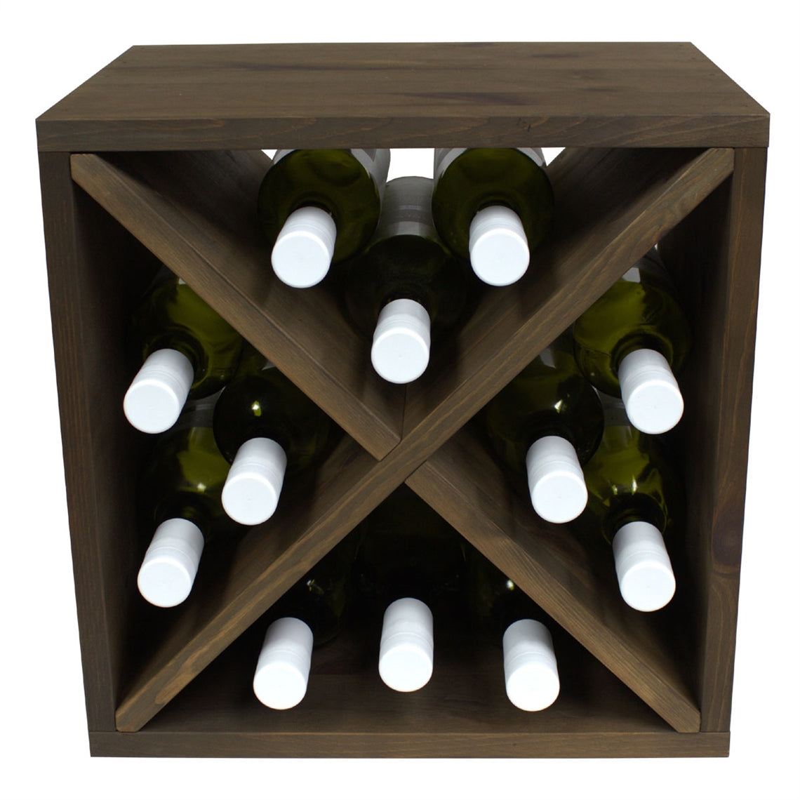 Pine Wooden Wine Rack - Mini Cellar Cube - Dark Oak Stain - 12 Bottles - 298mm Deep