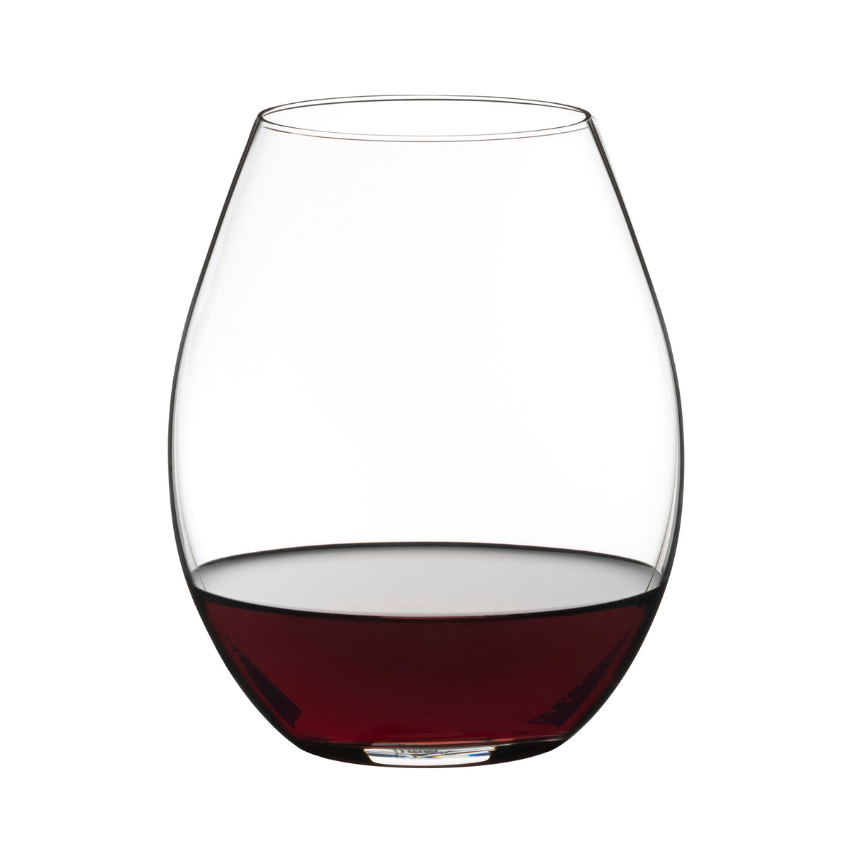 A Riedel O Range Stemless Old World Syrah Glass, from the set of two (0414/41) by Riedel, filled halfway with red wine, is positioned against a plain white background.