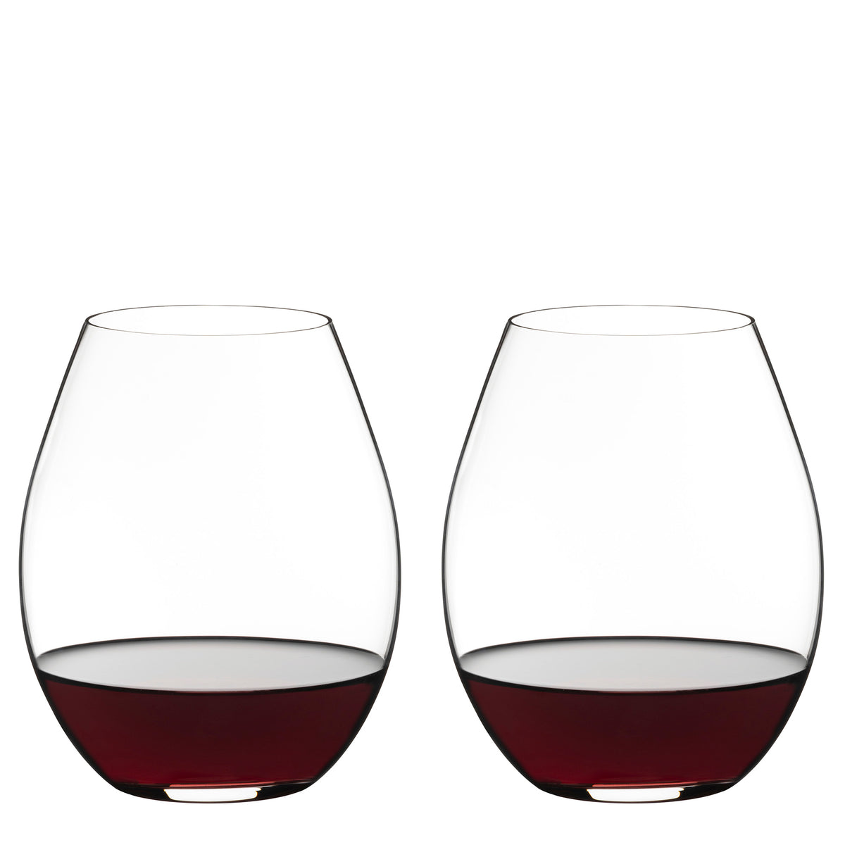 Two Riedel O Range Stemless Old World Syrah Glasses (Set of 2) by Riedel, each partially filled with red wine, are placed side by side against a plain white background. With their modern silhouette, these glasses are both elegant and fully dishwasher safe for convenient cleanup.