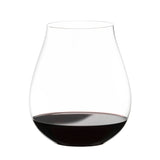A Riedel O Range Stemless New World Pinot Noir glass from the set of two (0414/67), featuring elegant crystal design and dishwasher-safe convenience, holds a small amount of red wine on a white background.