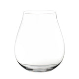 A pair of clear, empty Riedel O Range Stemless New World Pinot Noir glasses (set of 2 - 0414/67) is displayed against a plain white background. These elegant crystal glasses from Riedel feature a wide bowl that tapers at the rim and are dishwasher safe.