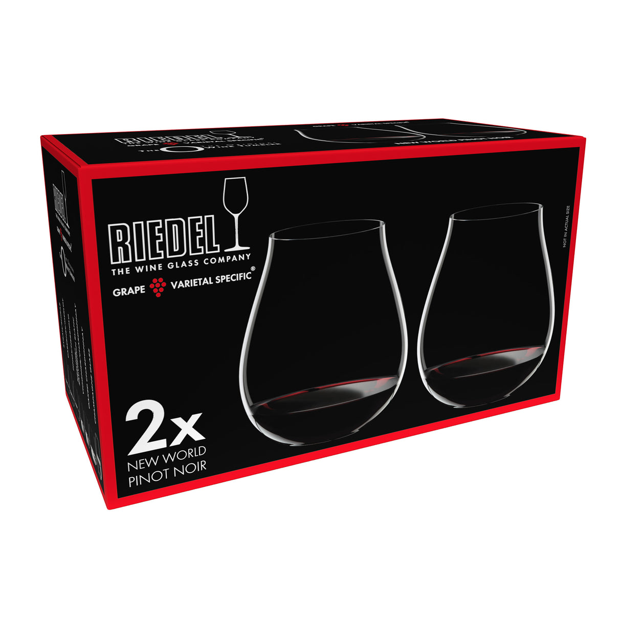 The Riedel O Range Stemless New World Pinot Noir - Set of 2 (0414/67) by Riedel comes in a box featuring two elegant crystal wine glasses from the O range, displayed on packaging with a striking red and black design and white text. These stemless glasses are both stylish and dishwasher safe for added convenience.