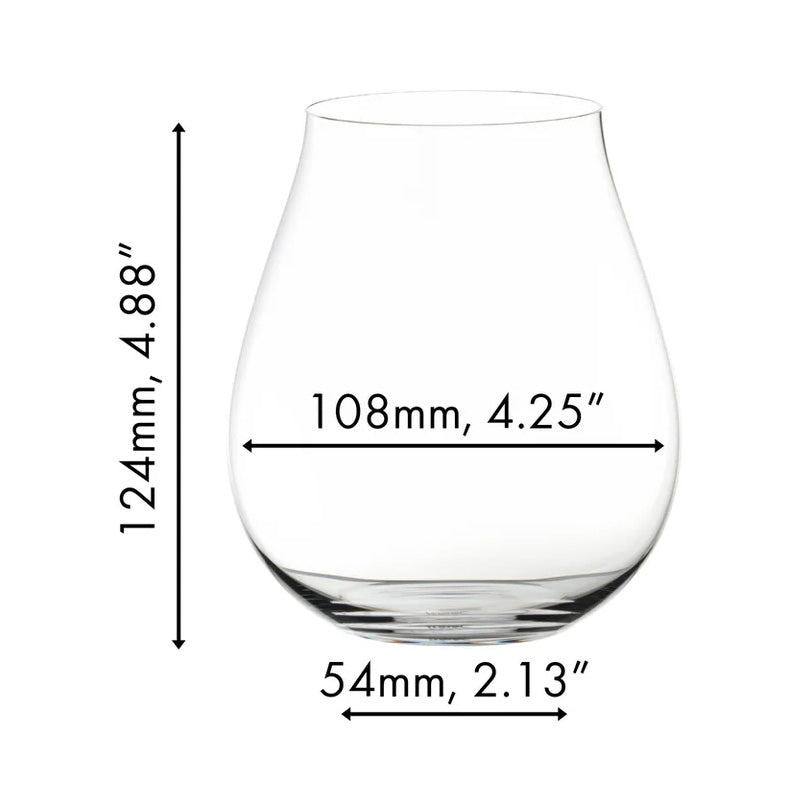 The Riedel O Range Stemless New World Pinot Noir - Set of 2 (0414/67) by Riedel features clear stemless glasses inspired by the refined forms of classic crystal wine glasses, as part of Riedel’s renowned O range stemless glassware collection. With dimensions of 124mm (4.88″) in height, 108mm (4.25″) in width, and a base diameter of 54mm (2.13″), these dishwasher-friendly glasses offer an elegant yet practical addition to any table setting.
