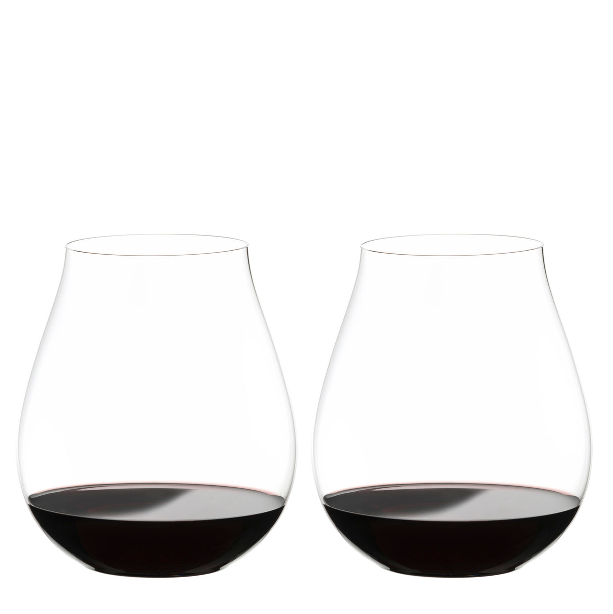 Two Riedel O Range Stemless New World Pinot Noir glasses by Riedel, each filled with red wine to about one quarter full, are placed side by side on a white background. These elegant crystal glasses come as a set of two (model 0414/67) and are both visually striking and dishwasher safe for effortless cleanup.
