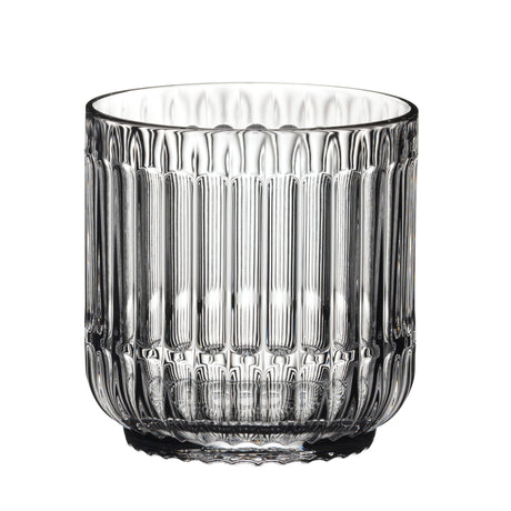 A clear, lead-free Riedel Restaurant Bar Rituals Rocks Tumbler (283ml) with vertical ridges and a gently rounded base, set against a white background; sold as a set of 12.