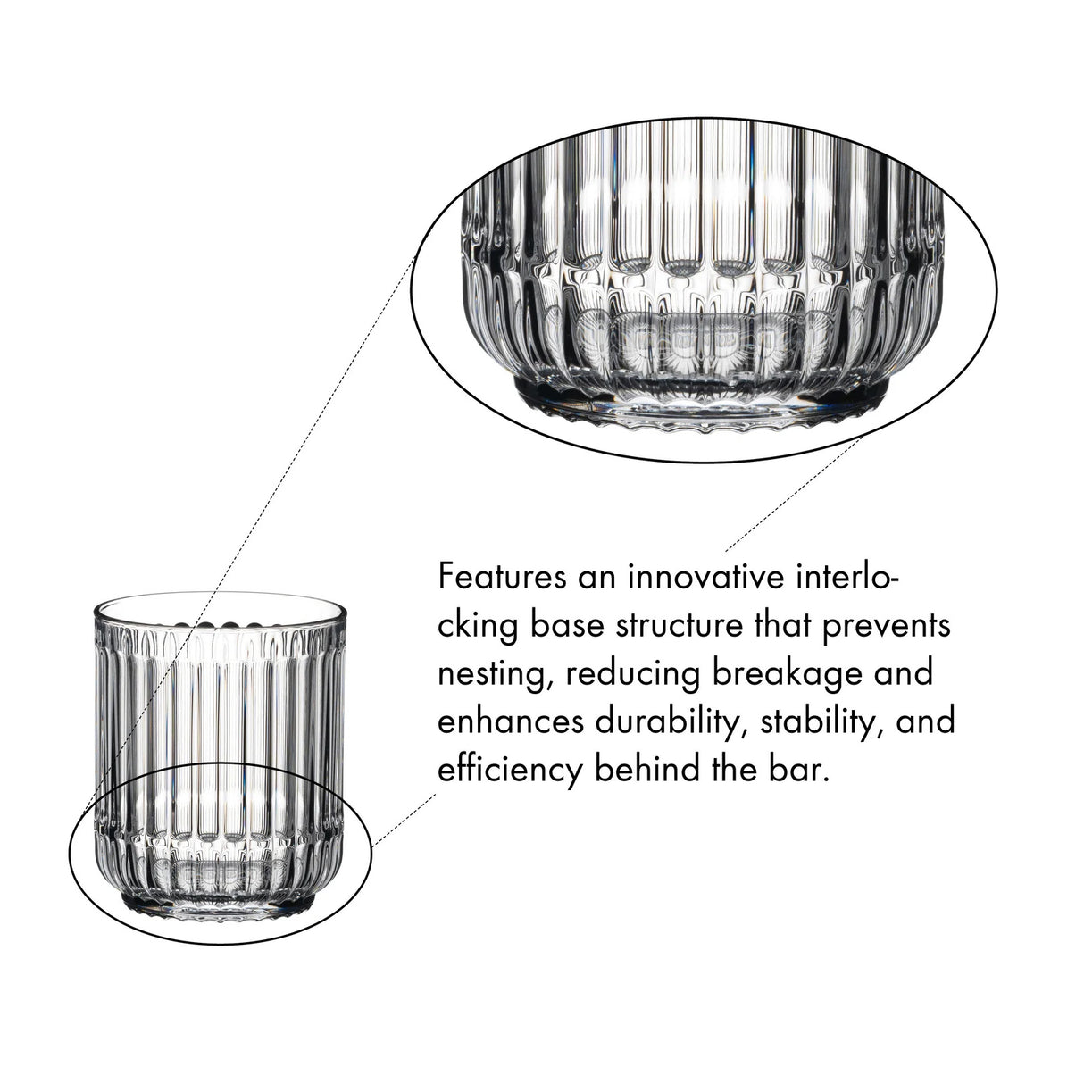 A ribbed Riedel Restaurant Bar Rituals Rocks Tumbler (283ml) made from lead-free crystal features a close-up of its innovative interlocking base, showcasing a design that prevents nesting, reduces breakage, and enhances stability and durability for bar use—ideal quality consistent with Riedel Restaurant glassware. The set includes 12 tumblers (0421/02).