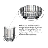 A ribbed Riedel Restaurant Bar Rituals Rocks Tumbler (283ml) made from lead-free crystal features a close-up of its innovative interlocking base, showcasing a design that prevents nesting, reduces breakage, and enhances stability and durability for bar use—ideal quality consistent with Riedel Restaurant glassware. The set includes 12 tumblers (0421/02).