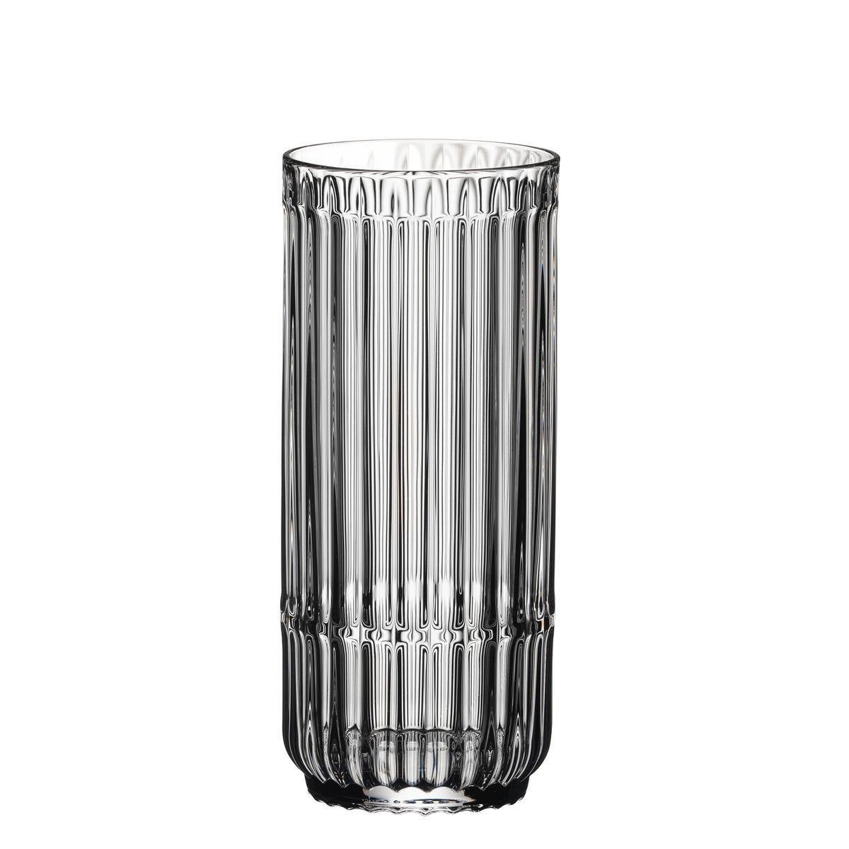 A set of Riedel Restaurant Bar Rituals highball tumblers, each with a 321ml capacity and featuring vertical ridges and a slightly flared rim, is crafted from lead-free crystal and stands upright on a white background.