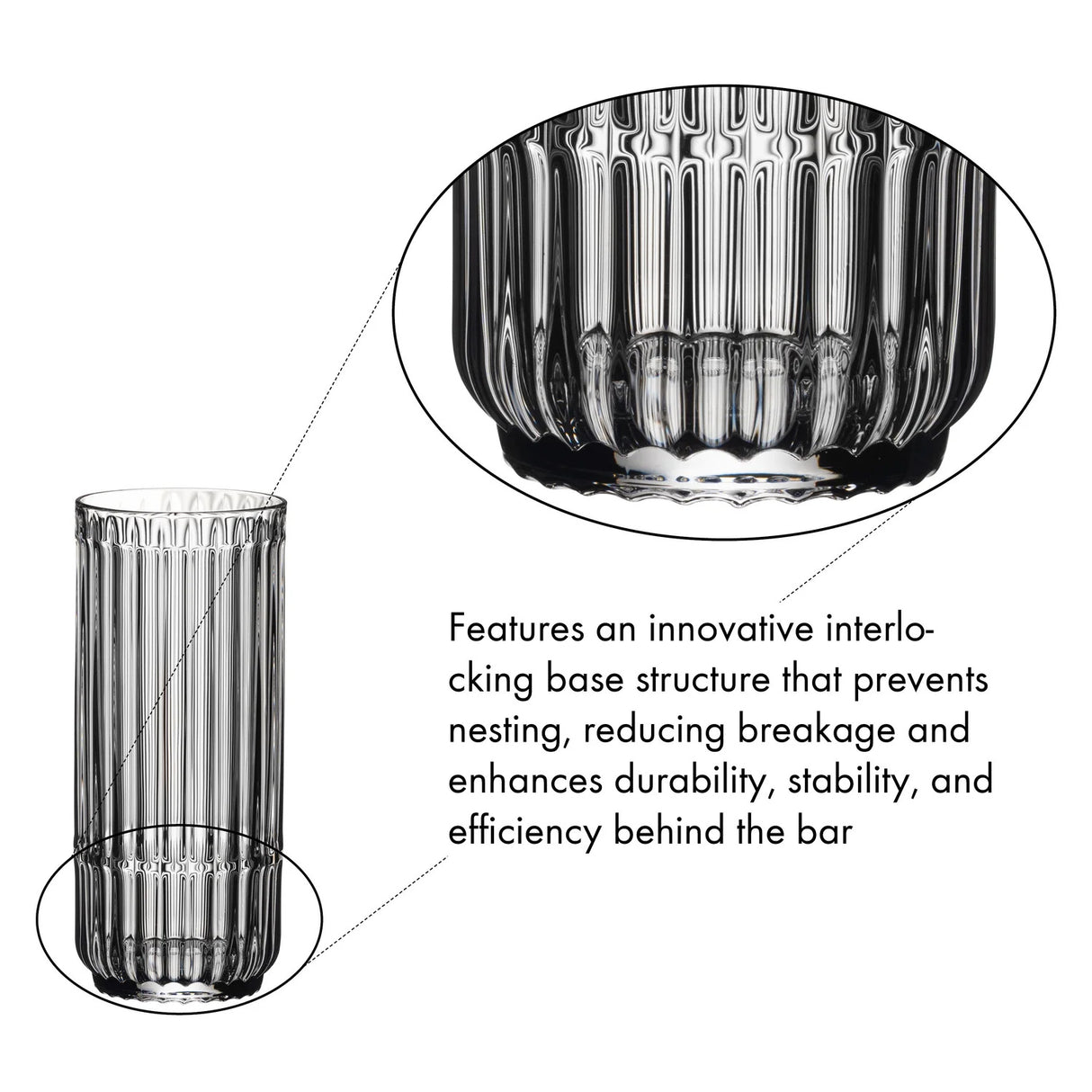 A set of twelve Riedel Restaurant Bar Rituals Highball Tumblers (321ml, 0421/04) showcases tall, clear glasses with vertical ridges and a detailed view of their interlocking base design—features that highlight their durability, stability, and efficiency for professional bar use. Crafted from lead-free crystal by Riedel, the innovative base prevents nesting and potential breakage.