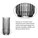 A set of twelve Riedel Restaurant Bar Rituals Highball Tumblers (321ml, 0421/04) showcases tall, clear glasses with vertical ridges and a detailed view of their interlocking base design—features that highlight their durability, stability, and efficiency for professional bar use. Crafted from lead-free crystal by Riedel, the innovative base prevents nesting and potential breakage.