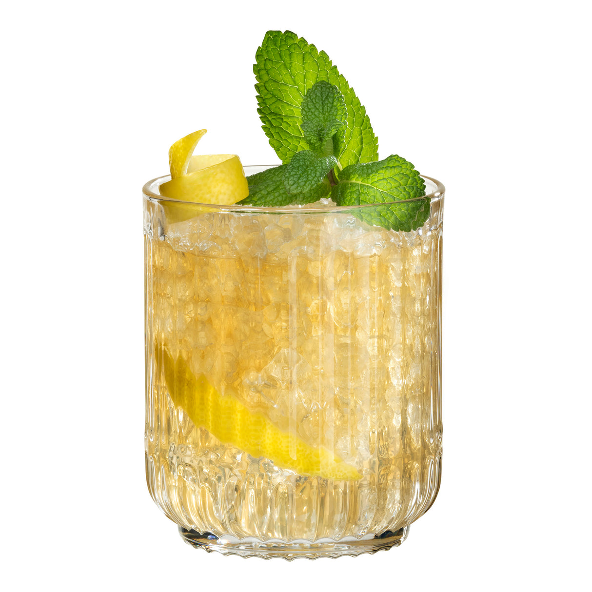 A glass of iced cocktail, elegantly presented in a lead-free crystal Riedel Restaurant Bar Rituals Double Rocks Tumbler (350ml) and garnished with a lemon twist, a lemon slice, and fresh mint leaves, set against a white background.