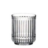 A clear, empty Riedel Restaurant Bar Rituals Double Rocks Tumbler (350ml) with vertical ridges and a slightly rounded base, expertly crafted from lead-free crystal, set against a white background.