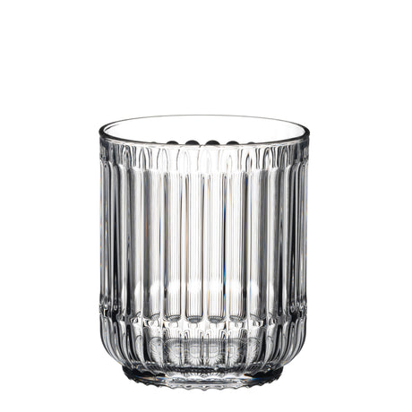 A clear, empty Riedel Restaurant Bar Rituals Double Rocks Tumbler (350ml) with vertical ridges and a slightly rounded base, expertly crafted from lead-free crystal, set against a white background.