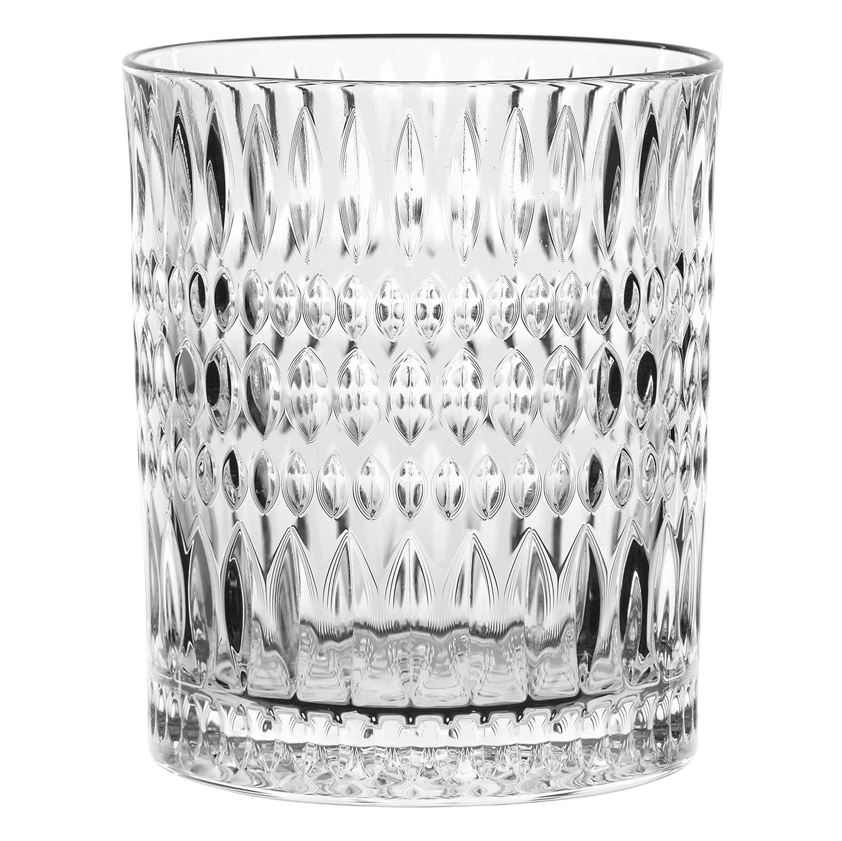 A clear crystal glass tumbler with a textured, diamond-patterned surface, echoing the refined style of the Nachtmann Ethno Whisky Decanter & Two Glass Set from Nachtmann, shown against a white background.