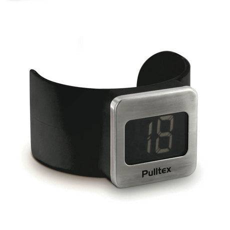 The Pulltex Wrap-Around Wine Bottle Thermometer features a sleek black band and a metal square face displaying the number 18. The Pulltex brand name is visible below the display, making this thermometer both stylish and functional for any wine enthusiast.