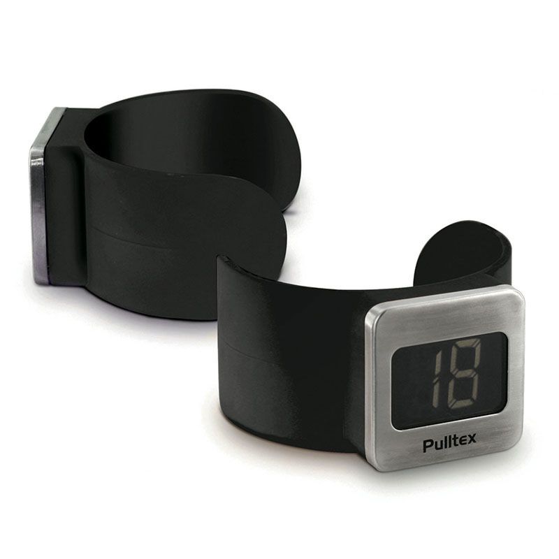 Two Pulltex Wrap-Around Wine Bottle Thermometers, each featuring a black design and a stainless steel digital display reading “18,” are displayed on a white background.
