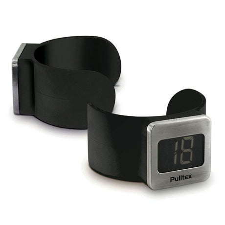 Two Pulltex Wrap-Around Wine Bottle Thermometers, each featuring a black design and a stainless steel digital display reading “18,” are displayed on a white background.