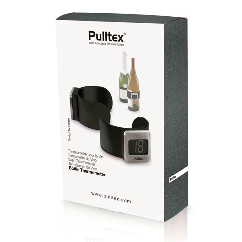 Box of the Pulltex Wrap-Around Wine Bottle Thermometer, featuring the digital thermometer encircling a wine bottle. The packaging also shows two bottles in the background and includes multilingual text describing this Pulltex product.