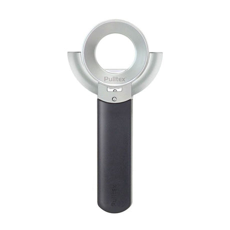 A Pulltex VinOline Dual Opener – Corkscrew for Vintage Wines by Pulltex, featuring a silver and black finish with a circular top and handle, is displayed from above against a white background. This opener combines modern design with classic functionality for vintage wines.