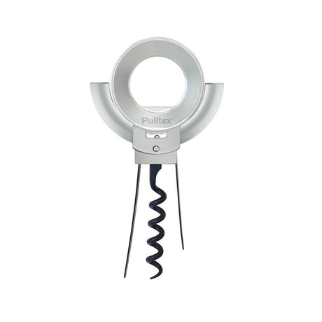 A Pulltex VinOline Dual Opener – Corkscrew for Vintage Wines by Pulltex, featuring a silver finish, circular handle, spiral metal screw, and two guide arms, shown isolated on a white background.