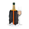 A black Pulltex wine bottle cooler zip bag with an orange zipper, displayed around a bottle and glasses of wine.