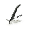 The Pulltex Pulltap Wine Essentials Waiter’s Friend Double Lever Corkscrew by Pulltex, featuring a black handle, integrated bottle opener, small knife, and a helix-shaped screw, is shown standing on a white background.
