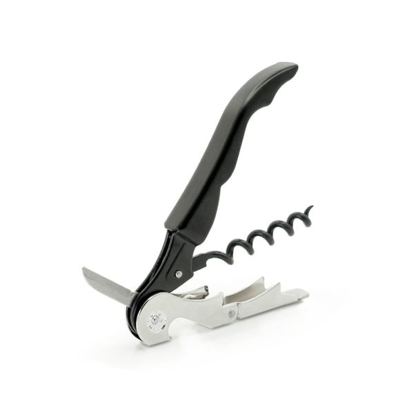 The Pulltex Pulltap Wine Essentials Waiter’s Friend Double Lever Corkscrew by Pulltex, featuring a black handle, integrated bottle opener, small knife, and a helix-shaped screw, is shown standing on a white background.