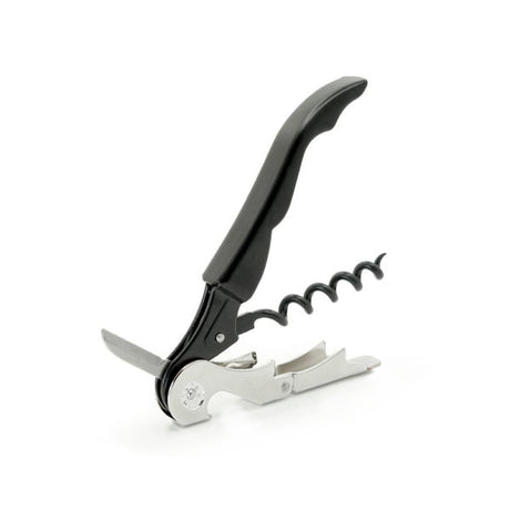 The Pulltex Pulltap Wine Essentials Waiter’s Friend Double Lever Corkscrew by Pulltex, featuring a black handle, integrated bottle opener, small knife, and a helix-shaped screw, is shown standing on a white background.