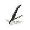 The Pulltex Pulltap Wine Essentials Waiter’s Friend Double Lever Corkscrew by Pulltex, featuring a black handle, integrated bottle opener, small knife, and a helix-shaped screw, is shown standing on a white background.