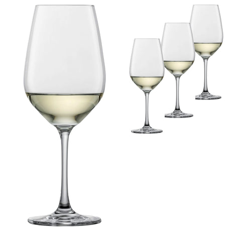 Four clear Schott Zwiesel Forte White Wine / Tasting Glass units, each partially filled with white wine.