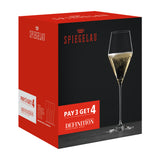 A red and black Spiegelau box displays the Spiegelau Definition Universal Red & White Wine Glass – Pay 3 Get 4, featuring a tall crystal wine glass. The box highlights the premium machine-blown stemware from the Spiegelau Definition collection, with “Pay 3 Get 4” and “Definition” printed on the packaging. The Spiegelau brand logo is visible at the top and side of the box.