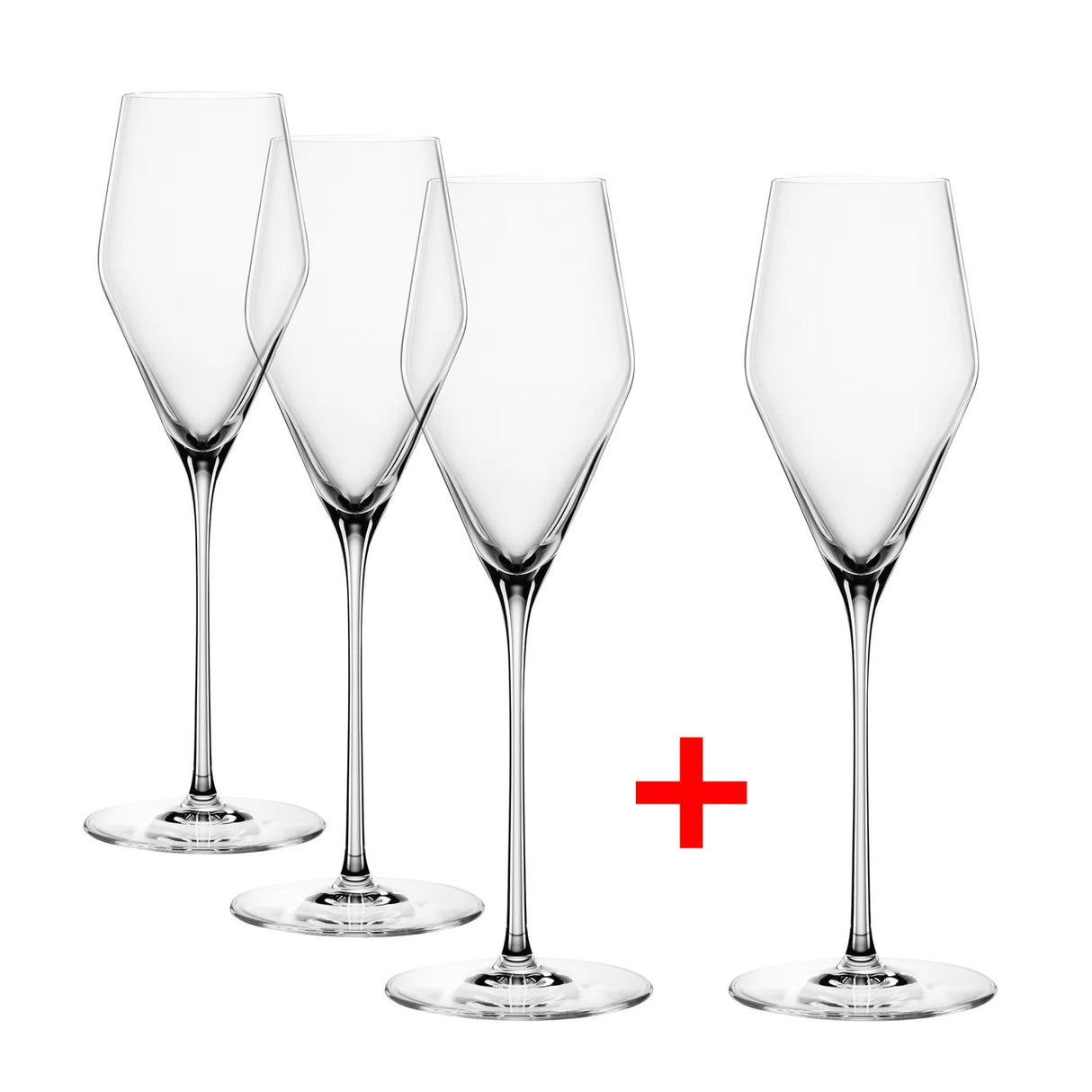 Four Spiegelau Definition Universal Red & White Wine Glasses, made from elegant crystal glass, are arranged in a row with a red plus sign between the third and fourth glass. Set against a white background, the image highlights the “Pay 3 Get 4” promotional offer from Spiegelau—perfect for anyone seeking premium machine-blown stemware.