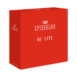 A red rectangular Spiegelau Hi-Lite box, featuring white text and the crown logo on the front and side, is shown against a white background—ideal for presenting the Spiegelau Hi-Lite Coupette / Cocktail Saucer Set of 2 from Spiegelau.