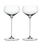 Two empty, clear Spiegelau Hi-Lite Coupette / Cocktail Saucers by Spiegelau, each featuring an elegant long stem, stand side by side against a white background.