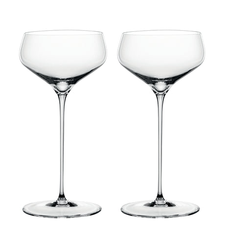Two empty, clear Spiegelau Hi-Lite Coupette / Cocktail Saucers by Spiegelau, each featuring an elegant long stem, stand side by side against a white background.