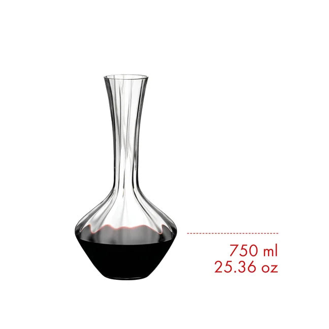 A stunning Riedel Manufaktur Exquisit Wine Decanter 1.2L - 2025/02, crafted from clear crystal, gracefully displays red wine filled to about one-third of its capacity. Text beside the decanter states: 1.2 L, 40.58 oz. This elegant piece by Riedel is designed to elevate your wine experience.