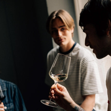 A person holds a clear, dishwasher-safe Stölzle STARlight Universal Red & White Wine Glass filled with white wine, with two people looking on in the background.