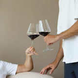 Two people holding large, long-stemmed Stölzle STARlight Bordeaux Red Wine Glasses together for a toast.