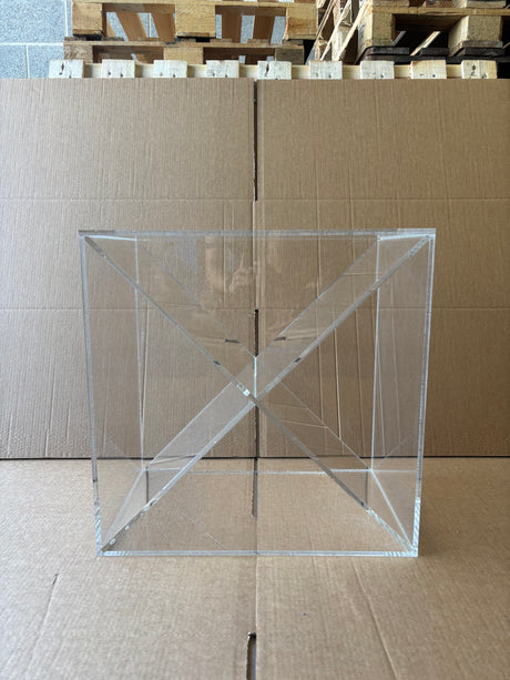 Ex-Display Clear Perspex Wine Cube – 300mm Deep - Approx. 24 Bottles clear acrylic wine storage unit featuring an internal cross-divider for display.