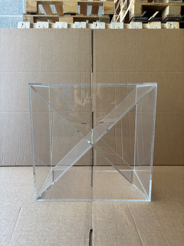 Ex-Display Clear Perspex Wine Cube – 300mm Deep - Approx. 24 Bottles clear acrylic wine storage unit featuring an internal cross-divider for display.
