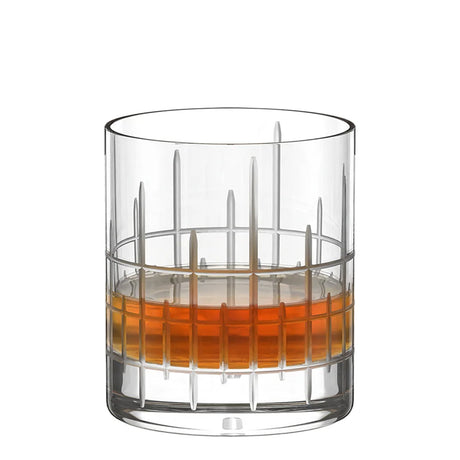A Stölzle Manhattan Bar Whisky Tumbler 320ml crystal glass with a vertical and horizontal etched grid pattern, containing a measure of amber liquid.