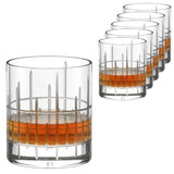 Set of six Stölzle Manhattan Bar Whisky Tumbler 320ml glasses with a vertical and horizontal grid pattern, each containing an amber-colored liquid.