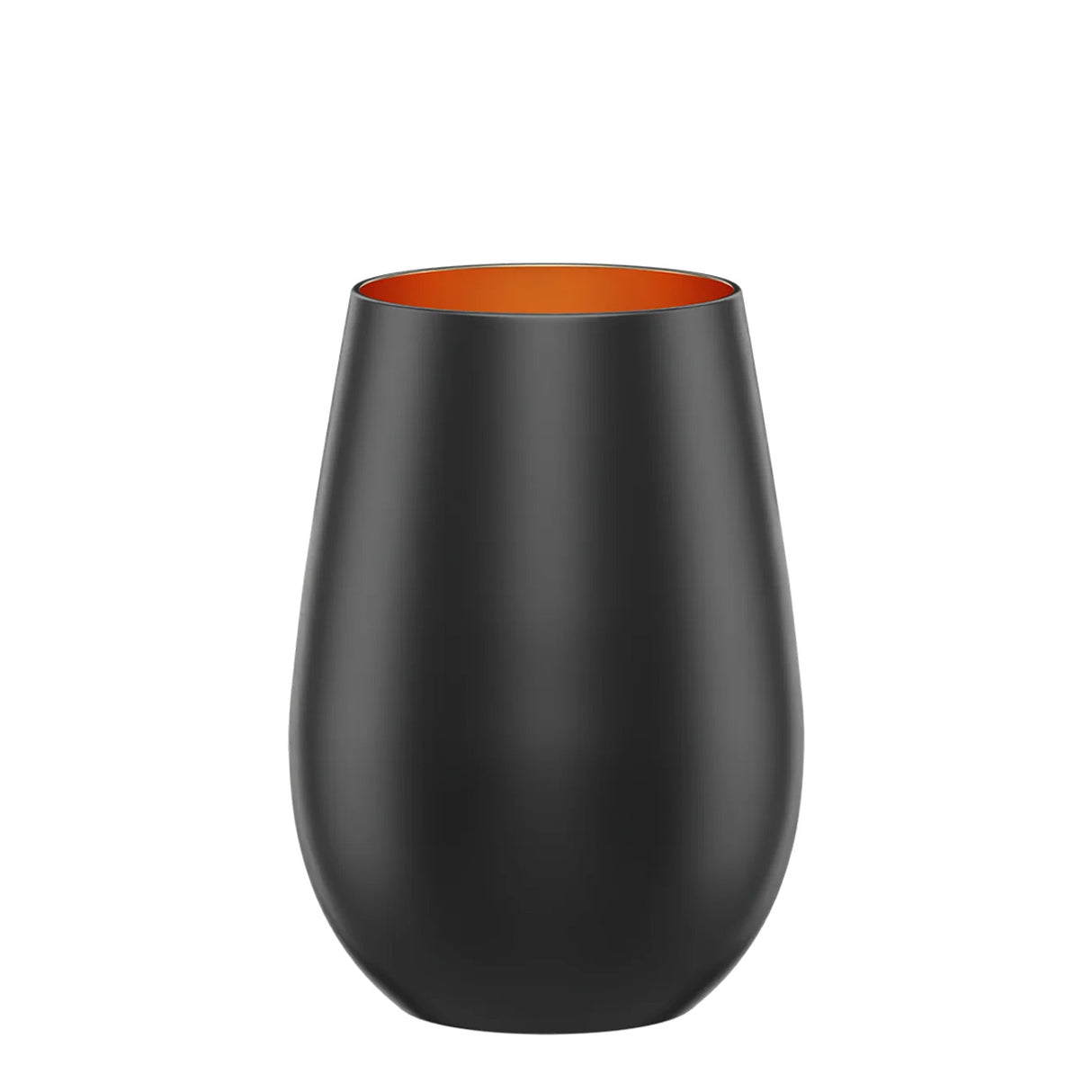 The Stölzle Elements Black & Bronze Water/Mixer Tumbler Glass 465ml (set of 6) features a matte black stemless design with an orange interior, made from lead-free crystal, shown against a white background.