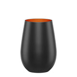 The Stölzle Elements Black & Bronze Water/Mixer Tumbler Glass 465ml (set of 6) features a matte black stemless design with an orange interior, made from lead-free crystal, shown against a white background.