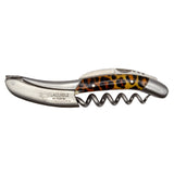 The Laguiole en Aubrac Sommelier Corkscrew features a leopard print handle in brown and yellow, crafted from stainless steel and branded with Laguiole en Aubrac on the side.